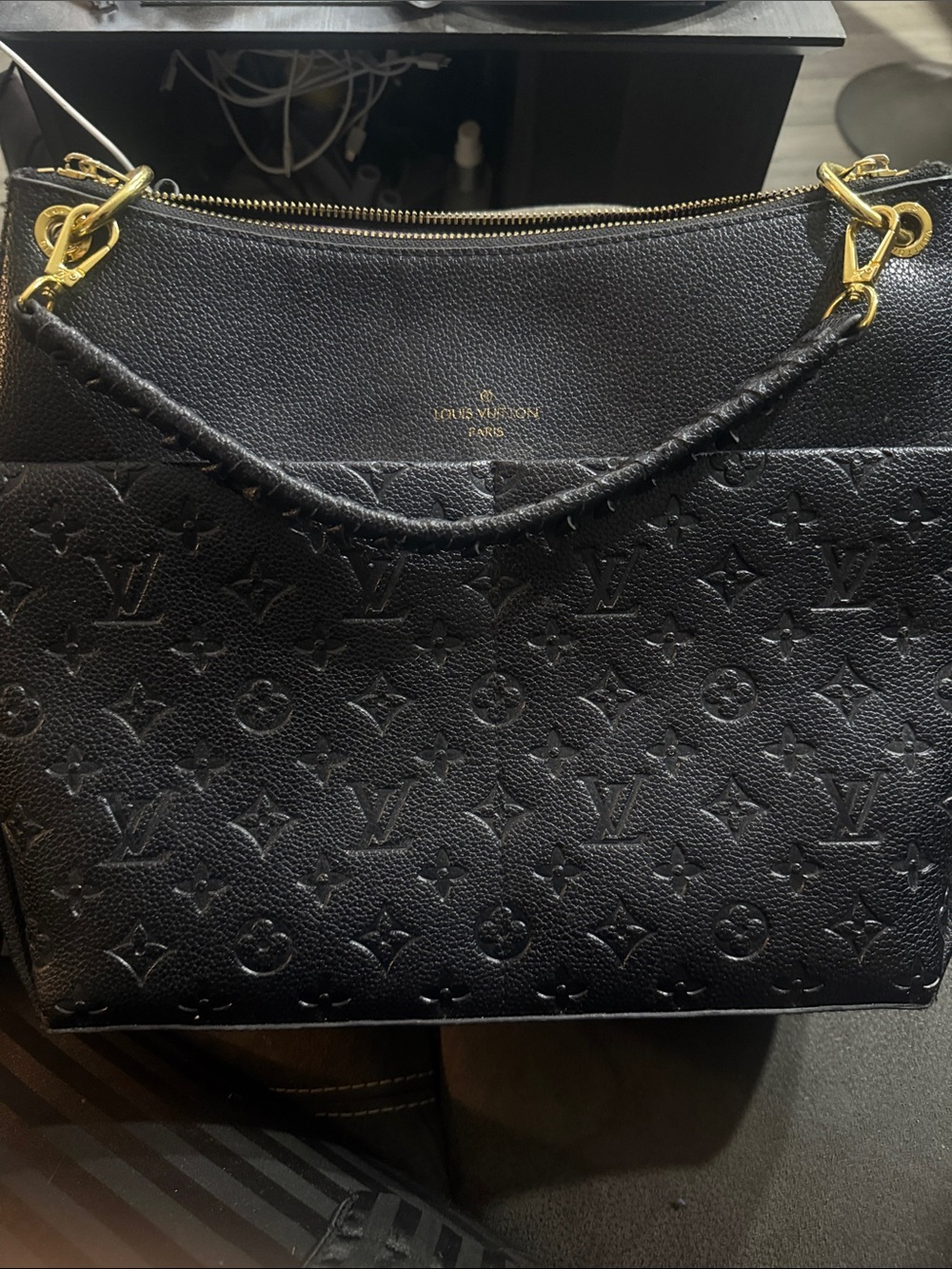 Louis Vuitton fashion bag Black Embossed Monogram Shoulder Bag w/ Gold Hardware